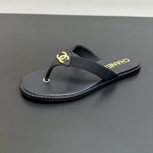 Chanel Thongs Slides with Metal Logo Women in Calfskin and Grosgrain Black